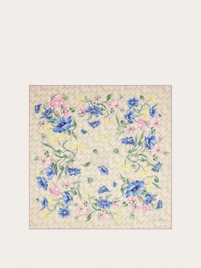 Ferragamo | Women's Bouquet Print Silk Scarf - Oxford Blue Ferragamo | Women's Bouquet Print Silk Scarf - Oxford Blue