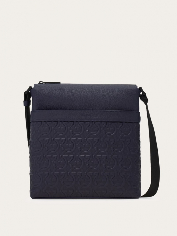 Ferragamo | Men's Embossed Gancini Crossbody Bag - Midnight Blue