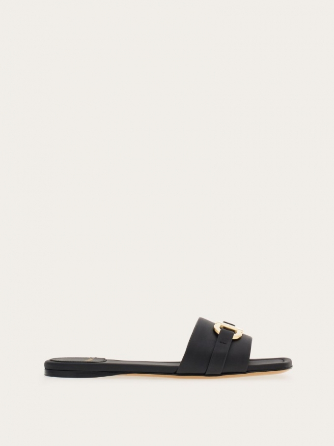 Ferragamo | Women's Flat Slide With Gancini Ornament - Black