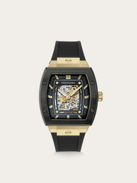 Ferragamo | Men's F-80 Tonneau Skeleton Watch - Stainless Steel/Ip Yellow Gold And Ip Black/Black