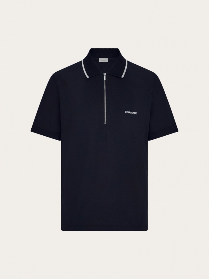 Ferragamo | Men's Cotton Polo Shirt With Zip Closure - New Navy Blue