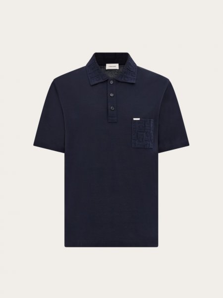 Ferragamo | Men's V-Neck Polo With Jacquard Pocket Detail - Navy Blue