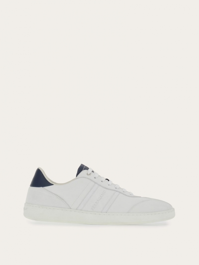 Ferragamo | Men's Low Top Sneaker With Signature - Optic White/Marine Blue