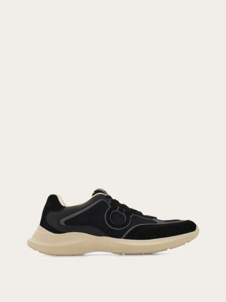 Ferragamo | Men's Low Top Sneaker With Gancini Ornament - Black