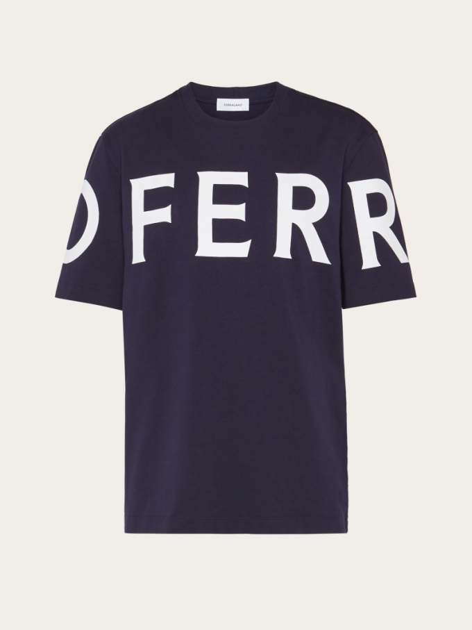 Ferragamo | Men's Short Sleeved T-Shirt With Graphic Logo - Navy Blue