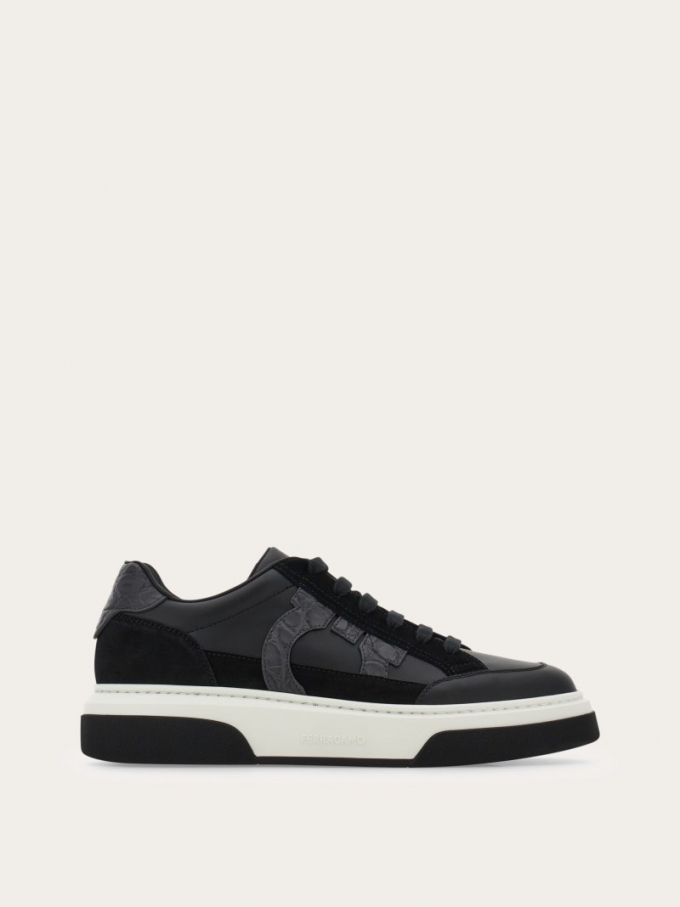 Ferragamo | Men's Low Top Sneaker With Gancini Outline - Black/Stromboli Sand