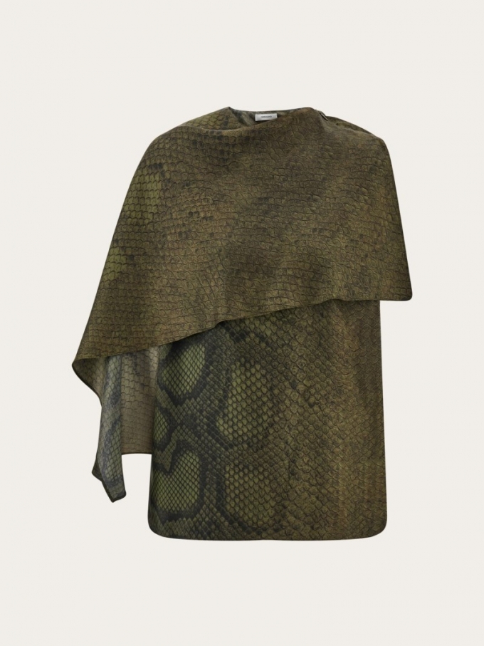 Ferragamo | Women's Python Print Silk Shirt With Cape Detail - Olive Green