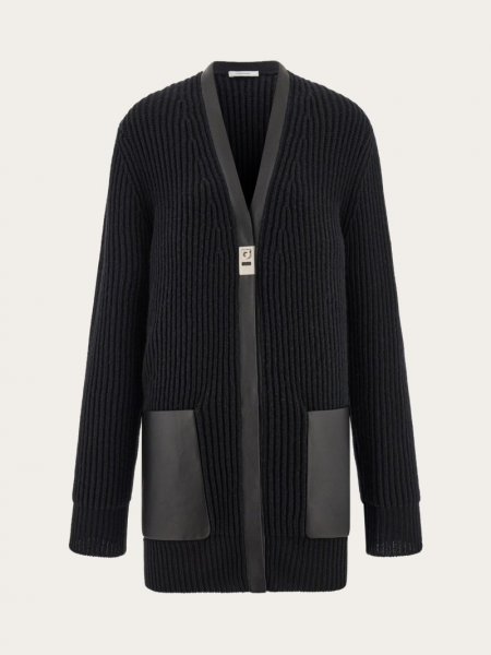 Ferragamo | Women's Longline Cardigan With Leather Trim - Black