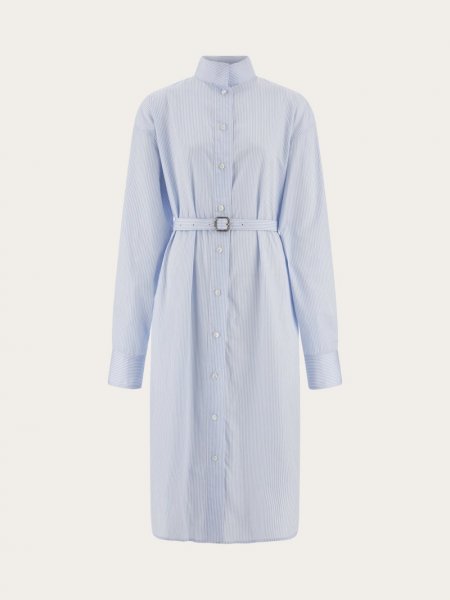 Ferragamo | Women's Shirt Dress With High Collar - White/Sky Blue