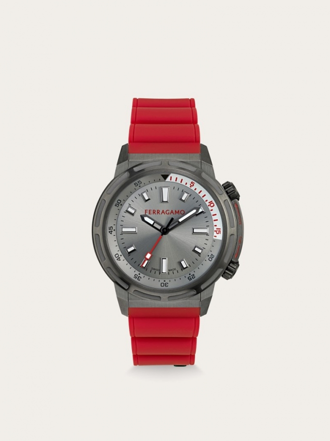 Ferragamo | Men's Sport Watch - Stainless Steel And Ip Gun/Red