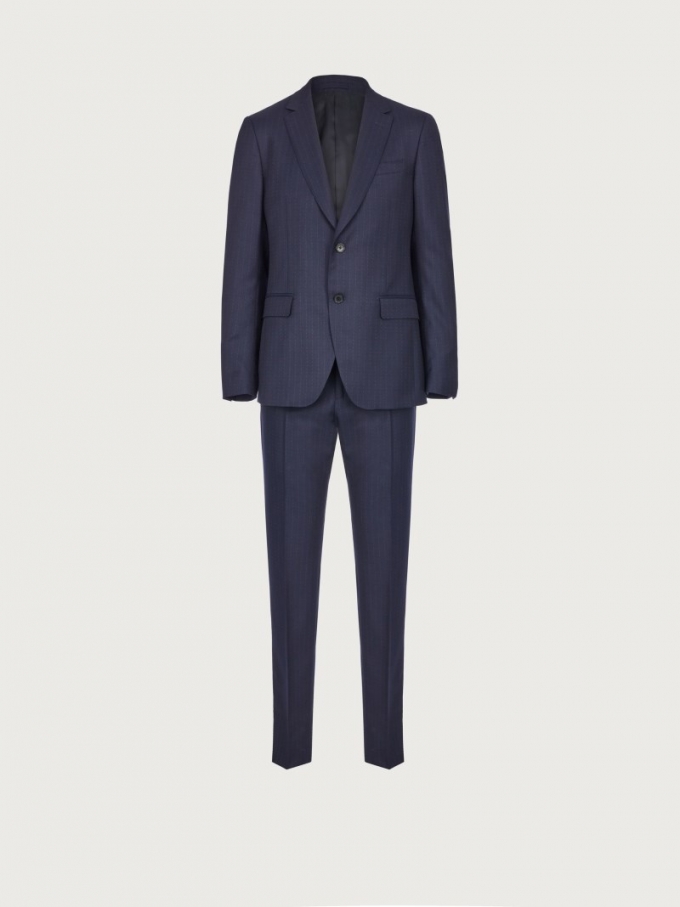 Ferragamo | Men's Check Suit In Wool - Midnight Blue