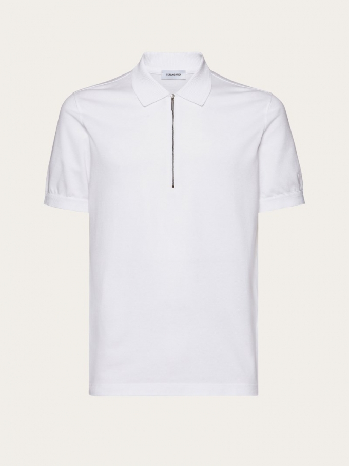 Ferragamo | Men's Polo With Zip Collar - Optic White