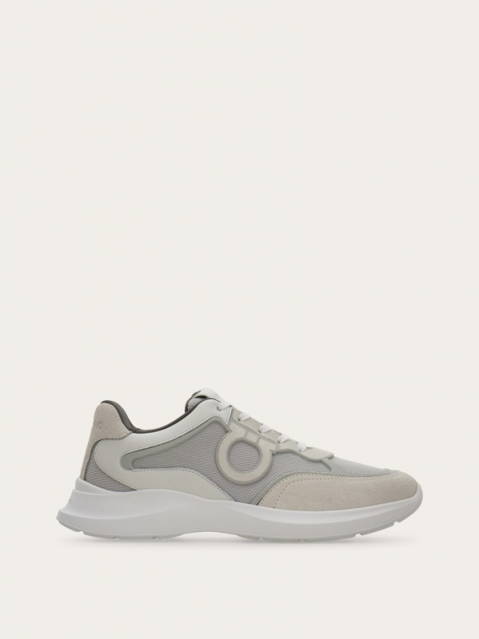 Ferragamo | Men's Low Top Sneaker With Gancini Ornament - Optic White/Grey