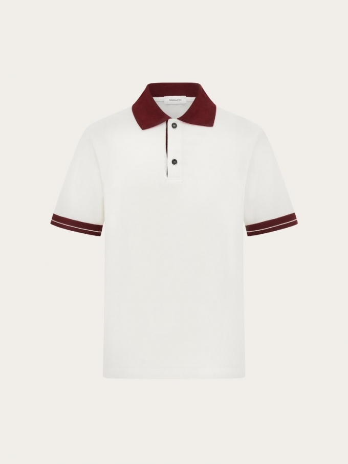 Ferragamo | Men's Polo Shirt With Color Block Detail - White/Bordeaux