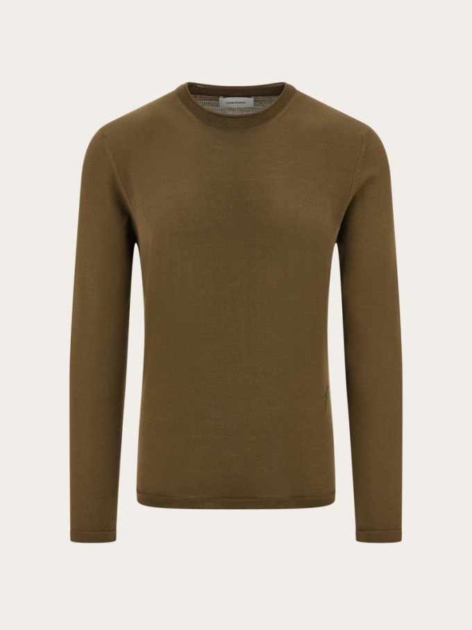 Ferragamo | Men's Light Sweater With Embroidered Signature - Olive Green