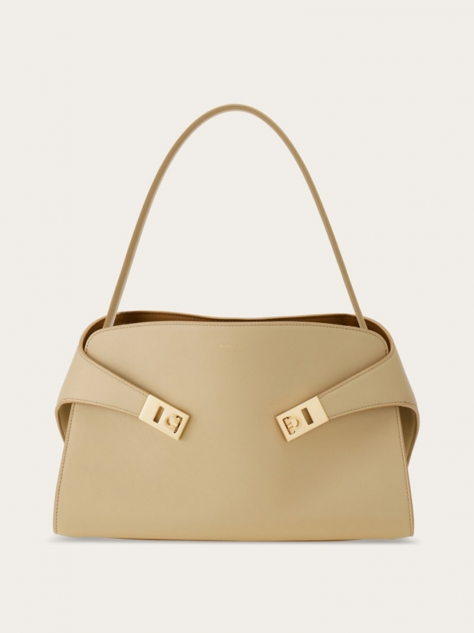 Ferragamo | Women's Hug Soft Bicolor Shoulder Bag - Stone/Burnt Ocra