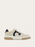 Ferragamo | Men's Low Top Sneaker With Gancini Outline - Mascarpone/Marine Blue