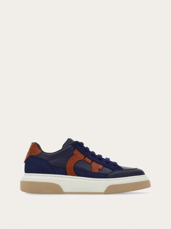 Ferragamo | Men's Low Top Sneaker With Gancini Outline - Marine Blue/Cognac