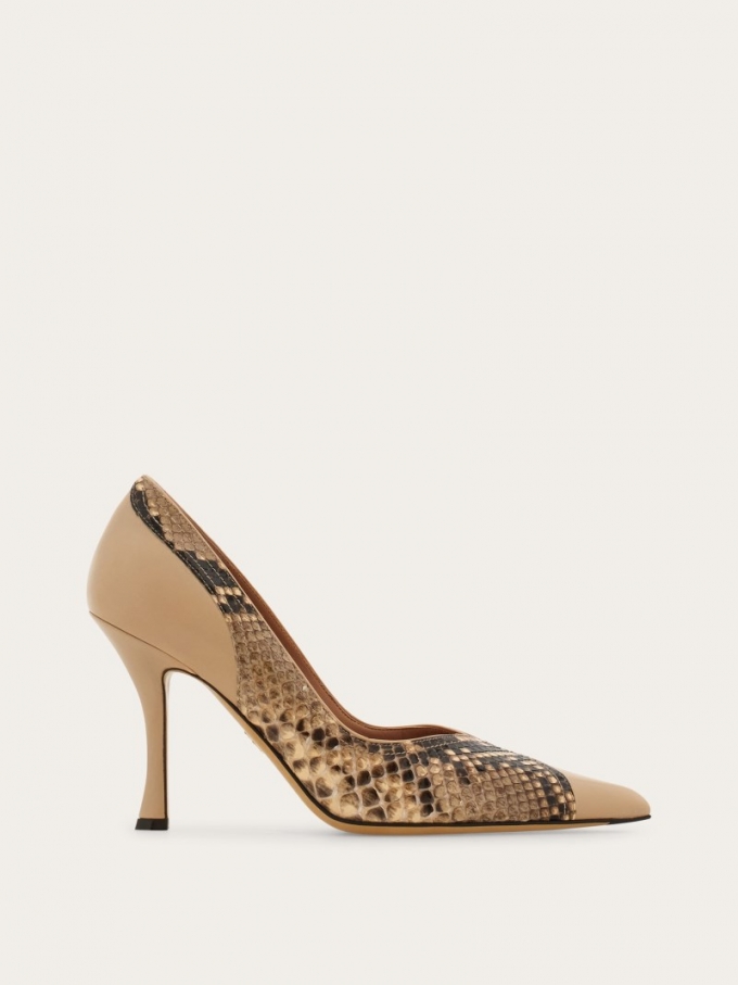 Ferragamo | Women's High Heel Pump With Contrasting Inlays - Stone/Blush