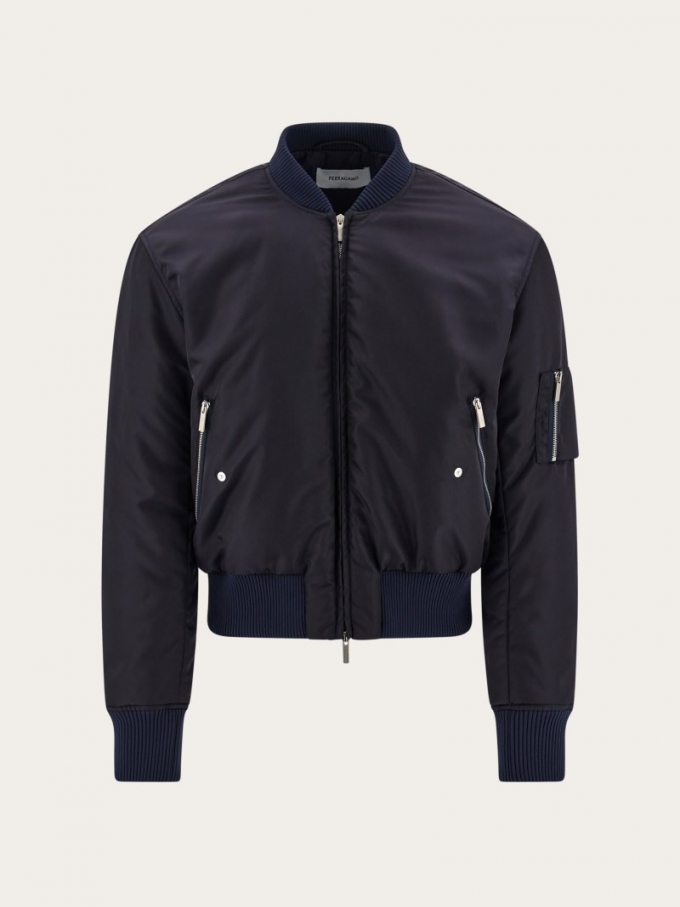 Ferragamo | Men's Technical Satin Bomber Jacket - New Navy Blue