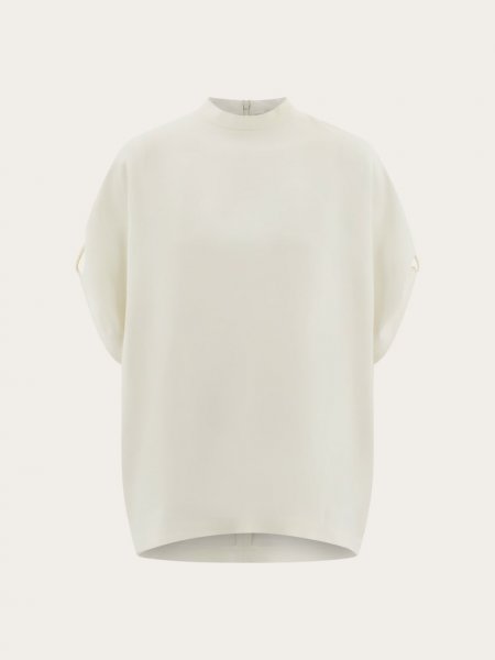 Ferragamo | Women's Crew Neck T-Shirt With Turned Up Sleeve - Mascarpone