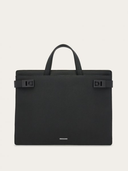 Ferragamo | Men's Briefcase With Gancini Buckles - Black