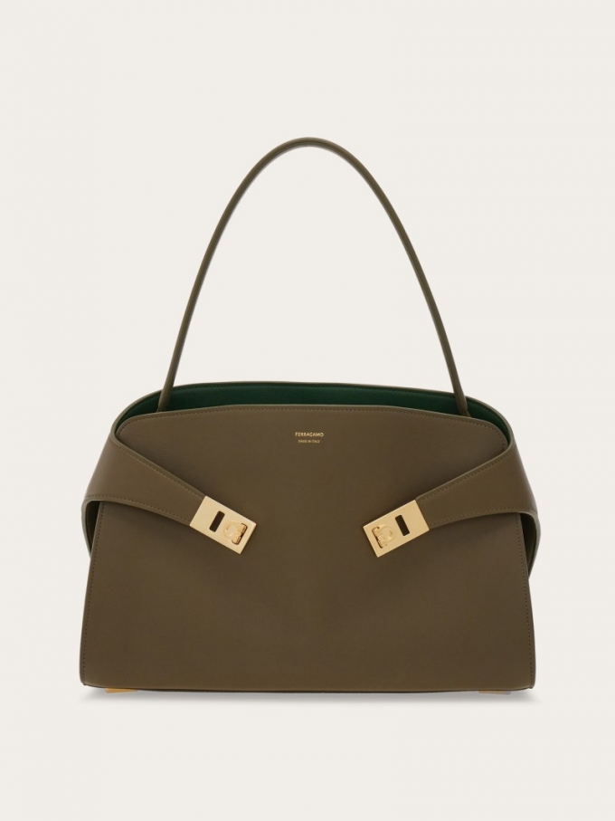 Ferragamo | Women's Hug Soft Bicolor Shoulder Bag - Olive Green/Forest Green