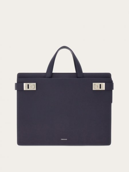 Ferragamo | Men's Briefcase With Gancini Buckles - Midnight Blue