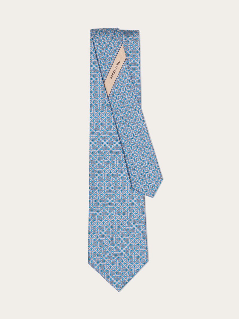 Ferragamo | Men's Square Gancini Print Silk Tie - Light Blue