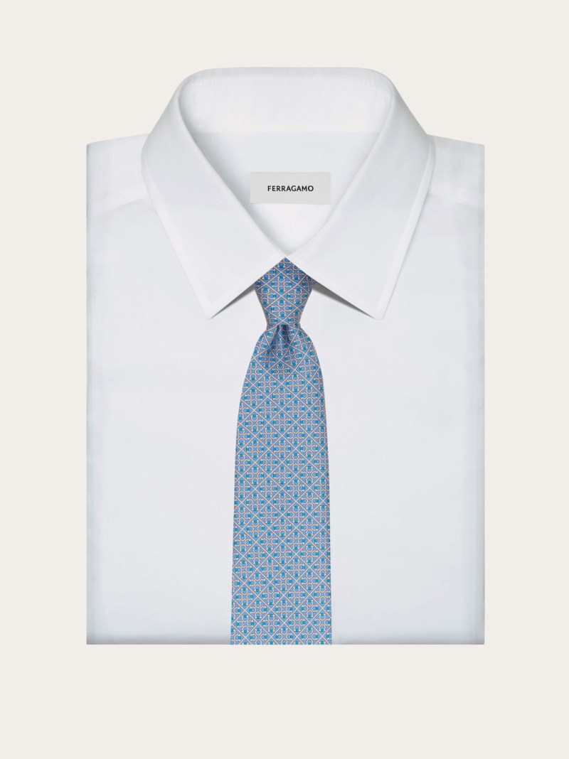 Ferragamo | Men's Square Gancini Print Silk Tie - Light Blue