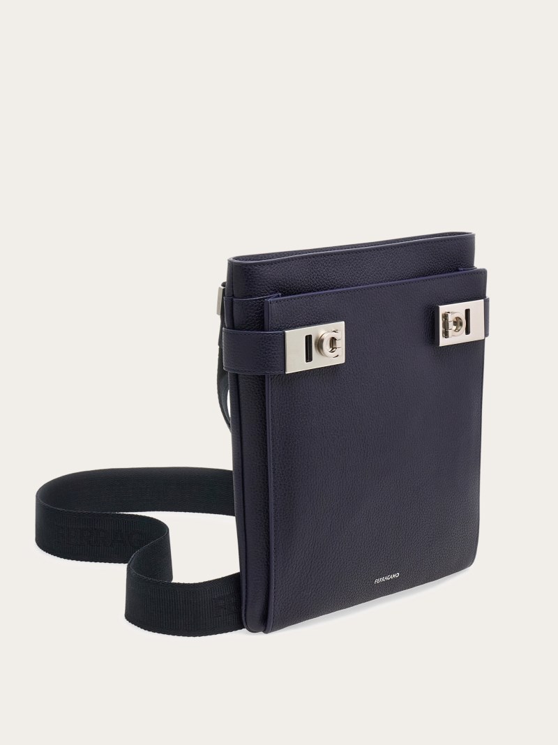 Ferragamo | Men's Shoulder Bag With Gancini Buckles - Midnight Blue