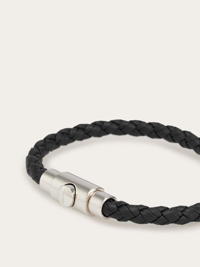 Ferragamo | Men's Braided Leather Bracelet - Black (Size 17)