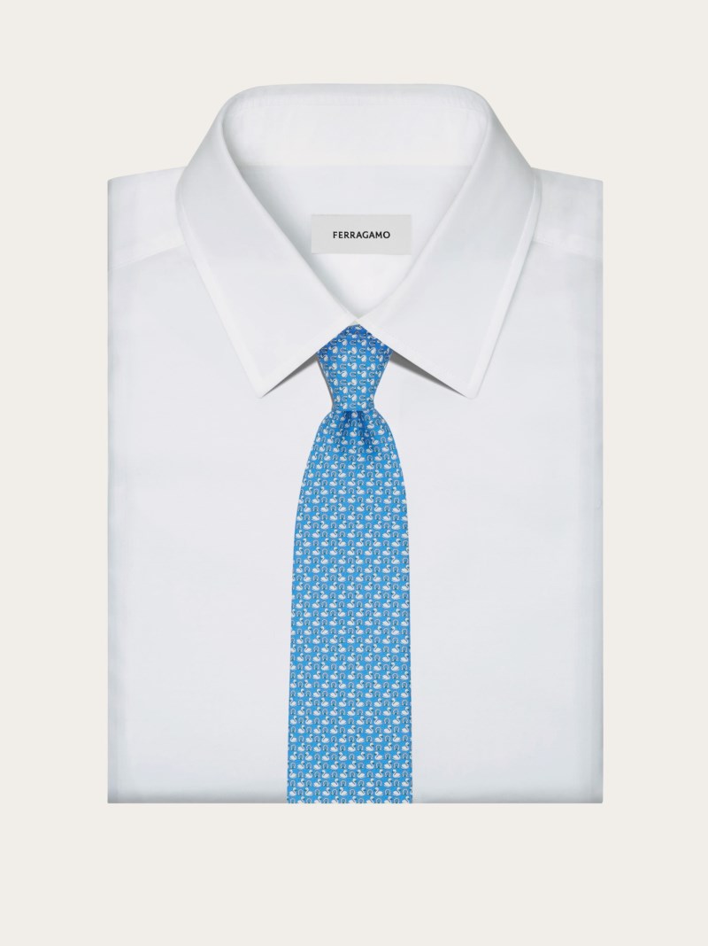Ferragamo | Men's Swan Print Silk Tie - Light Blue